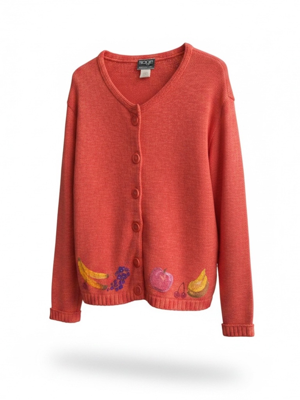 90's Vintage Sage Coral Hand- Painted Fruit-Trim  Button Cardigan size Large